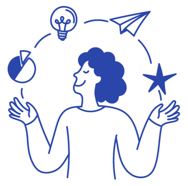 Illustration of Nicole juggling an idea, a launch, a star and a chart